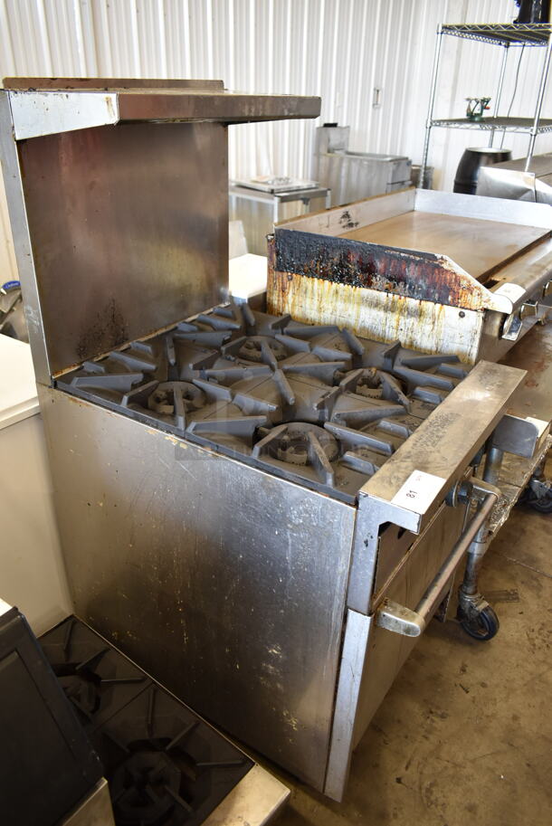 Garland SunFire X24-4L Stainless Steel Commercial Natural Gas Powered 4 Burner Range w/ Oven, Over Shelf and Back Splash. - Image 7 of 9