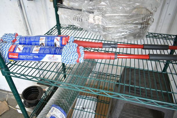ALL ONE MONEY! Lot of 4 Tiers of Various BRAND NEW Items Including Ateco Baking Cups, 2 Box 12212105CS Choice Food Service Interfolded Pop- Up Foil, Adcraft FBR-11571 Metal Fry Baskets, 2 O-Cedar Microtwist Max Mop, Poultry Fence, Stepstool, Bell Marque Dispenser Napkins and Metal Bin. Does Not Include Shelving Unit.  - Image 7 of 12