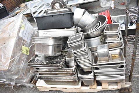 ALL ONE MONEY! PALLET LOT of Various Metal Items Including Drop In Bins, Stock Pot and Bowls. 