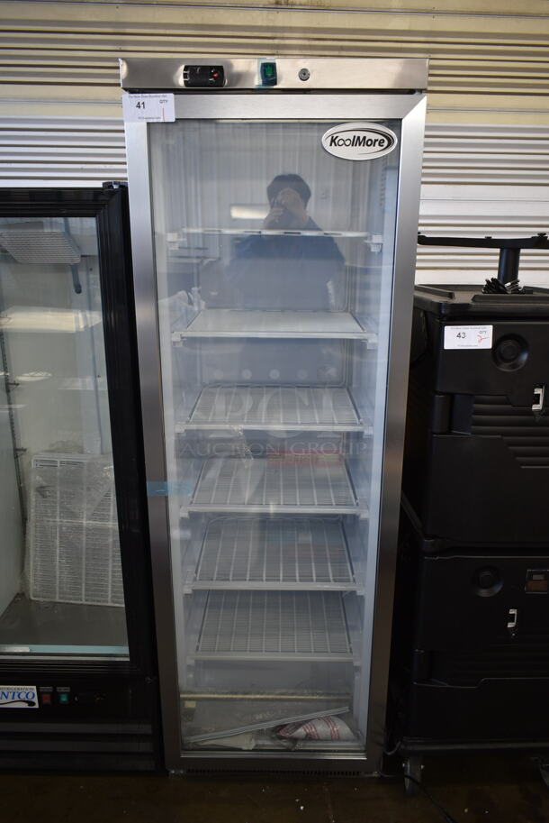 BRAND NEW SCRATCH AND DENT! KoolMore KM-FMD12SGD Metal Commercial Single Door Reach In Freezer Merchandiser w/ Poly Coated Racks. 115 Volts, 1 Phase. Tested and Working! - Image 2 of 5