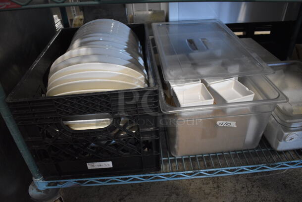 ALL ONE MONEY! Metro Lot of 4 Tiers of Various Items Including Dishes, Stainless Steel Drop In Bins and Poly Lids. Does Not Include Metro Shelving Unit - Image 3 of 9