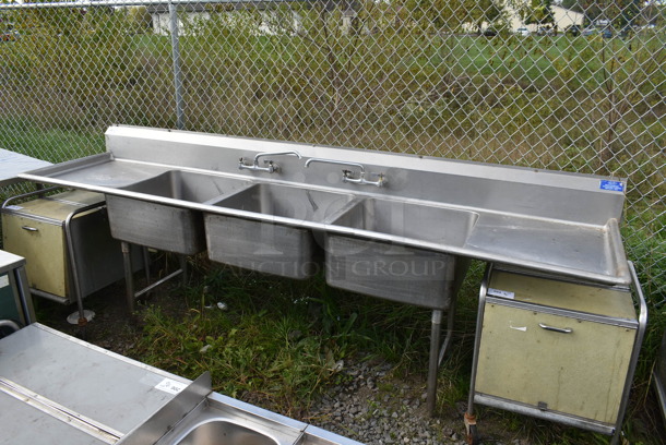 Stainless Steel Commercial 3 Bay Sink w/ Dual Drain Boards, 2 Faucets and Handles. Bays 24x24. Drain Boards 22x27 - Image 1 of 7