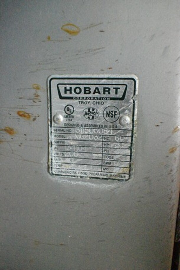 Hobart MG2032 Metal Commercial Floor Style Electric Powered Meat Mixer Grinder w/ Foot Pedal on Commercial Casters. 208 Volts, 3 Phase. Tested and Working! - Image 6 of 6