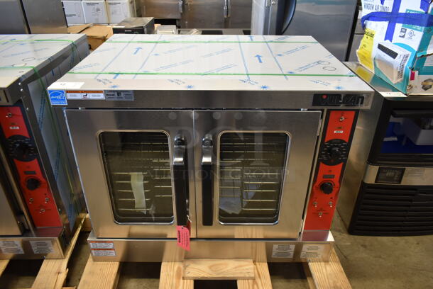 BRAND NEW SCRATCH AND DENT! Vulcan VC5ED ENERGY STAR Stainless Steel Commercial Electric Powered Full Size Convection Oven w/ View Through Doors, Metal Oven Racks and Thermostatic Controls. 240 Volts, 3/1 Phase. Tested and Working! - Image 1 of 5