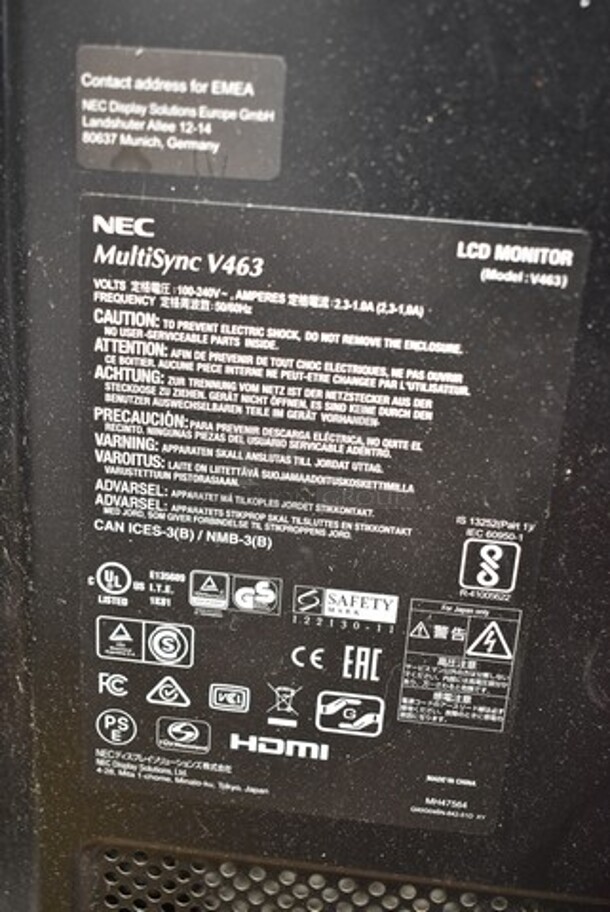 NEC V463 MultiSync LCD Monitor. Tested and Powers On. Buyer Must Pick Up - We Will Not Ship This Item. 100-240 Volts, 1 Phase.  - Image 4 of 4