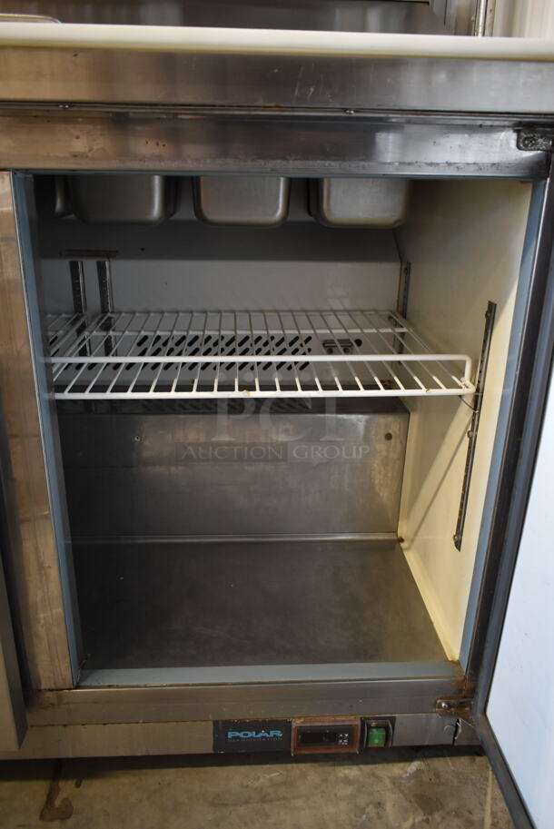 Polar GE014 Stainless Steel Commercial Sandwich Salad Prep Table Bain Marie Mega Top w/ 2 Tier Over Shelf and Drop In Bins on Commercial Casters. 115 Volts, 1 Phase. Tested and Working! - Image 8 of 10