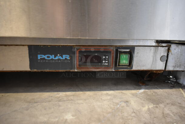Polar GE014 Stainless Steel Commercial Sandwich Salad Prep Table Bain Marie Mega Top w/ 2 Tier Over Shelf and Drop In Bins on Commercial Casters. 115 Volts, 1 Phase. Tested and Working! - Image 9 of 10