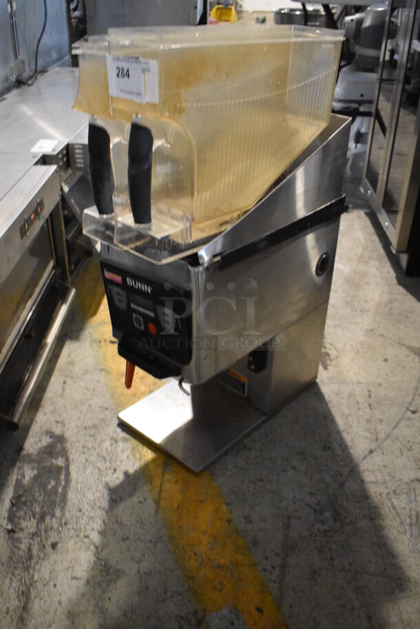 2010 Bunn MHG Stainless Steel Commercial Countertop 2 Hopper Coffee Bean Grinder w/ Metal Brew Basket. Missing Lids. See Pictures For Damage. 120 Volts, 1 Phase. Tested and Working! - Image 3 of 6