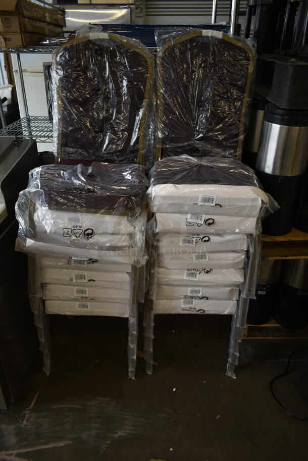 116 BRAND NEW SCRATCH AND DENT! Lancaster Table & Seating 164BNQCRBRG Burgundy Pattern Fabric Crown Back Stackable Banquet Chair with Gold Vein Frame. 116 Times Your Bid! - Image 7 of 8