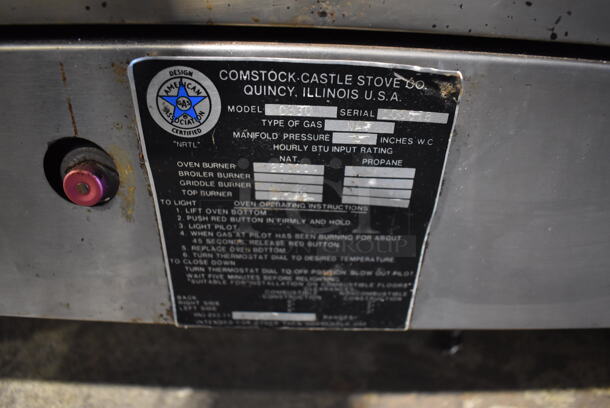 Comstock Castle C330 Metal Commercial Natural Gas Powered 6 Burner Range w/ Oven, Over Shelf and Back Splash. 35x32x59.5 - Image 4 of 9