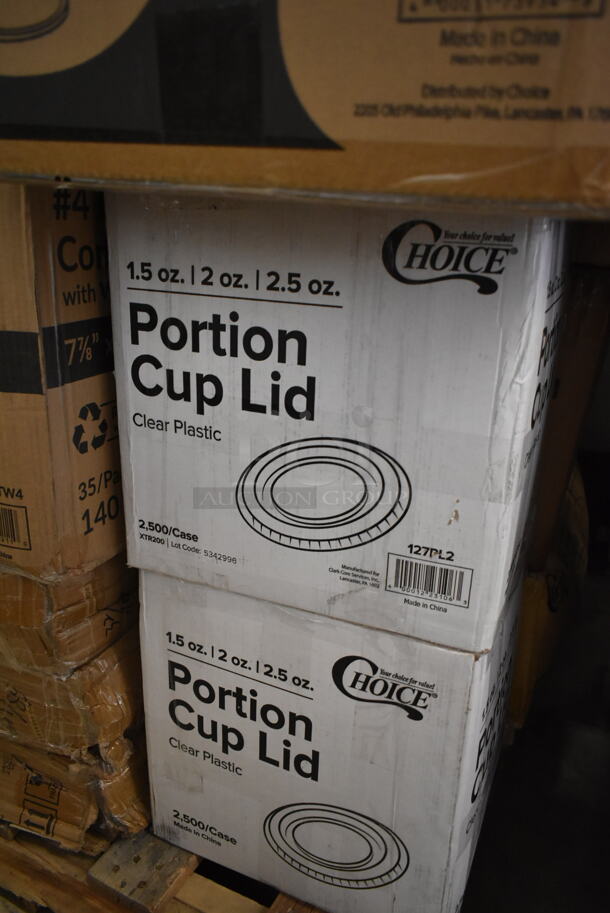 PALLET LOT of 25 BRAND NEW Boxes Including 3 Boxes 127PL2 Choice PET Plastic Lid for 1.5 to 2.5 oz. Souffle Cup / Portion Cup - 2500/Case, Box 2 oz Portion Cups, 500CC9 Choice 9 oz. Clear PET Customizable Plastic Squat Cold Cup - 1000/Case, 3 Box Charger Plate, 500CFT Lavex White C-Fold Standard Weight Towel - 2400/Case, 2 Box 795PTOKFTW4 Choice 8 3/4" x 6 1/2" x 3 1/2" Kraft Folded Paper #4 Take-Out Container with Window - 140/Case, 130HCUTFWR Visions Individually Wrapped White Heavy Weight Plastic Fork - 1000/Case, 2 Box 612509LCO Choice 9" Round Standard Weight Foil Take-Out Pan with Board Lid - 200/Case, 2 Box AD06 Genpak 6 oz. Clear Hinged Deli Container - 400/Case, 612P509S Choice 9" Clear Round Plastic Dome Lid - 500/Case, 394365L Noble Products Powder-Free Disposable Clear Vinyl Gloves for Foodservice - Large - 1000/Case, 2 Box 130BKFSNH Visions Heavy Weight Black Wrapped Plastic Cutlery Pack with Napkin - 500/Case, 128HD8COMBO ChoiceHD 8 oz. Microwavable Translucent Plastic Deli Container and Lid Combo Pack - 240/Case, 176ALSPILLFL Choice Full Size 6" Deep Aluminum Steam Table Spillage / Water Pan. 25 Times Your Bid! - Image 2 of 12