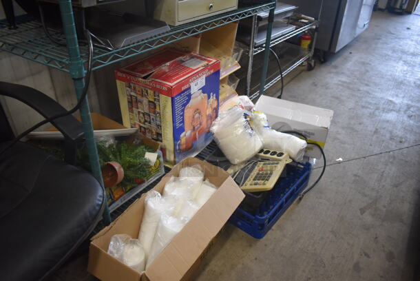 ALL ONE MONEY! 2 Tier Lot including Advanced Brewing System Box, Kellogg Dispenser, Christmas Decorations, Lids, Disposable Utensils, Calculator and MORE! - Image 3 of 3