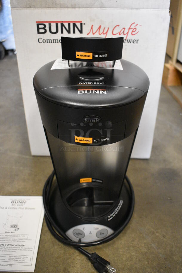 BRAND NEW IN BOX! Bunn Model MCP Metal Commercial Countertop Single Cop Pod Brewer. 120 Volts, 1 Phase. 8x11x12