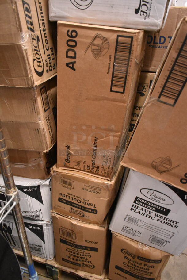 PALLET LOT of 25 BRAND NEW Boxes Including 3 Boxes 127PL2 Choice PET Plastic Lid for 1.5 to 2.5 oz. Souffle Cup / Portion Cup - 2500/Case, Box 2 oz Portion Cups, 500CC9 Choice 9 oz. Clear PET Customizable Plastic Squat Cold Cup - 1000/Case, 3 Box Charger Plate, 500CFT Lavex White C-Fold Standard Weight Towel - 2400/Case, 2 Box 795PTOKFTW4 Choice 8 3/4" x 6 1/2" x 3 1/2" Kraft Folded Paper #4 Take-Out Container with Window - 140/Case, 130HCUTFWR Visions Individually Wrapped White Heavy Weight Plastic Fork - 1000/Case, 2 Box 612509LCO Choice 9" Round Standard Weight Foil Take-Out Pan with Board Lid - 200/Case, 2 Box AD06 Genpak 6 oz. Clear Hinged Deli Container - 400/Case, 612P509S Choice 9" Clear Round Plastic Dome Lid - 500/Case, 394365L Noble Products Powder-Free Disposable Clear Vinyl Gloves for Foodservice - Large - 1000/Case, 2 Box 130BKFSNH Visions Heavy Weight Black Wrapped Plastic Cutlery Pack with Napkin - 500/Case, 128HD8COMBO ChoiceHD 8 oz. Microwavable Translucent Plastic Deli Container and Lid Combo Pack - 240/Case, 176ALSPILLFL Choice Full Size 6" Deep Aluminum Steam Table Spillage / Water Pan. 25 Times Your Bid! - Image 8 of 12