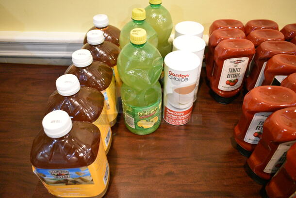 Wood Pattern Dining Height Table w/ Contents Including Ketchup, A1 Sauce, Lemon Juice. (main dining room) - Image 4 of 4