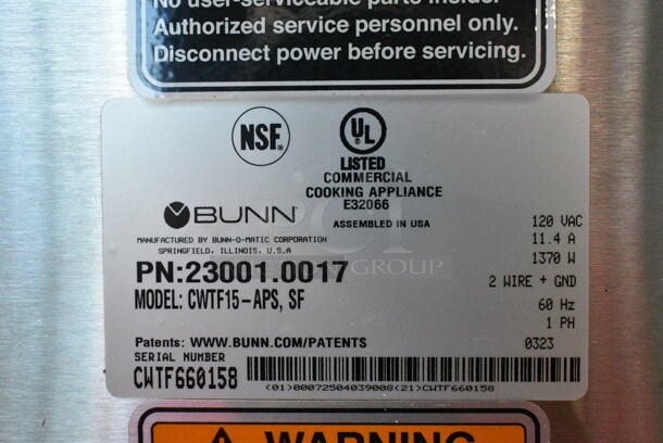 2023 Bunn CWTF15-APS Stainless Steel Commercial Countertop Coffee Machine w/ Hot Water Dispenser and Metal Brew Basket. 120 Volts, 1 Phase.  - Image 7 of 7