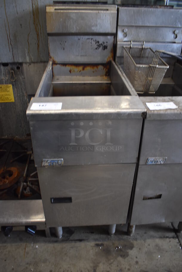 2017 Pitco Frialator SG14 Stainless Steel Commercial Floor Style Natural Gas Powered Deep Fat Fryer.