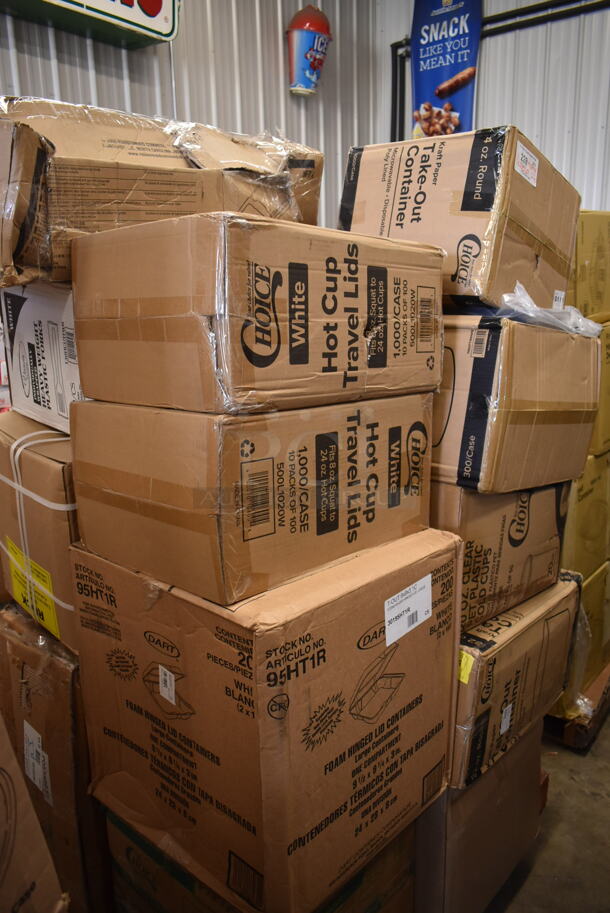 PALLET LOT of 26 BRAND NEW! Boxes Including 2 Box 395TO553PR EcoChoice Containers, 2 Box 500L1020W Choice White Hot Paper Cup Travel Lid for 10-24 oz. Standard Cups and 8 oz. Squat Cups - 1000/Case, Dart 95HT1R 9 1/2