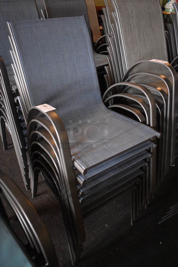 8 Metal Gray Outdoor Patio Chairs w/ Blue Seat and Arm Rests. BUYER MUST REMOVE. 22x24x36. 8 Times Your Bid! (Susquehanna Ale House) - Image 2 of 4