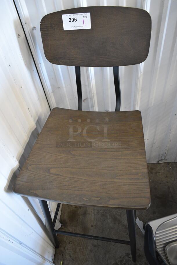 BRAND NEW SCRATCH AND DENT! Black Metal Bar Height Chair w/ Wooden Back Rest and Seat.  - Image 3 of 4