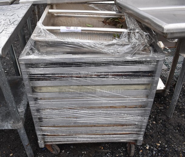Metal Commercial Transport Pan Rack w/ Pans and Sink Strainer on Commercial Casters. 21x26x31 - Image 1 of 3