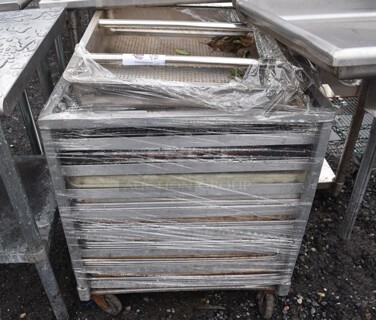 Metal Commercial Transport Pan Rack w/ Pans and Sink Strainer on Commercial Casters. 21x26x31