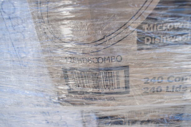 PALLET LOT of 28 BRAND NEW Boxes Including 795NRKFT3 New Roots Kraft PLA-Lined Compostable #3 Take-Out Container 7 3/4" x 5 1/2" x 2 1/2" - 200/Case, 129MCS242CB Choice 30 oz. Black 8 3/4" x 6" x 2 3/4" 2-Compartment Rectangular Microwavable Heavy Weight Container with Lid - 150/Case, 128HD8COMBO ChoiceHD 8 oz. Microwavable Translucent Plastic Deli Container and Lid Combo Pack - 240/Case, 5014046XXH Lavex Pro 45 Gallon 3 Mil 40" x 46" Low Density Heavy-Duty Industrial Contractor Black Trash Bag / Can Liner - 50/Case, 347RPBD10WHG Visions 10" White Plastic Plate with Gold Bands - 120/Case, 2 Box 966TALLFLDB Choice White Tall-Fold 6" x 13" Dispenser Napkin - 8000/Case, 24510PIZZAPAD Choice Single Face Corrugated Pizza Pad - 10" x 10" - 200/Case, 127P2B Choice Black Plastic Souffle Cup / Portion Cup - 2 oz. - 2500/Case, 130BSPOONWP Choice Individually Wrapped Medium Weight Black Plastic Teaspoon - 1000/Case, 4 Box 130BKFORKH Choice Black Heavy Weight Plastic Fork - 1000/Case, Fineline 42RBFL Conserveware PETE Flat Lid for 24/32/40 oz. Round Bowls - 300/Case. 28 Times Your Bid!  - Image 8 of 12