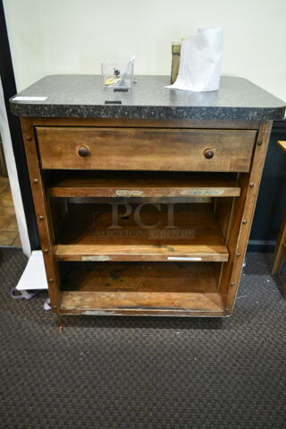 Wooden Counter w/ Drawer and Under Shelves. (check in) 