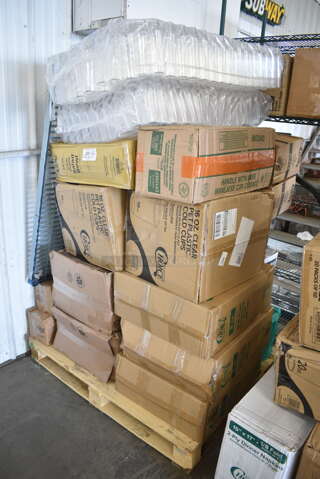 PALLET LOT of 27 BRAND NEW Boxes Including 127SB24COMBO Choice 24 oz. Clear Plastic Salad Bowl with Lid - 150/Case, 2 Box 500CC16 Choice Clear PET Customizable Plastic Cold Cup - 16 oz. - 1000/Case, CH12DEF Dart ClearPac SafeSeal 12 oz. Tamper-Resistant, Tamper-Evident Hinged Container with Flat Lid - 200/Case, 3 Box 760SOUP8KFT EcoChoice 8 oz. Kraft Paper Food Cup with Vented Lid - 250/Case, 130HBKCUTFW Visions Individually Wrapped Black Heavy Weight Plastic Fork - 1000/Case, 2 Box 129MCR32B Choice 32 oz. Black Round Microwavable Heavy Weight Container with Lid 7 1/4" - 150/Case, 2 Box 433NHT101H Choice 1/6 Standard Size White "Thank You" Medium-Duty Plastic T-Shirt Bag - 1000/Case, 347RPBD10WHS Visions 10" White Plastic Plate with Silver Bands - 120/Case, 129MCS38B Choice 38 oz. Black Rectangular Microwavable Heavy Weight Container with Lid 8 3/4" x 6 1/4" x 2" - 150/Case, 346WKFSNSPM Choice White Medium Weight Wrapped Plastic Cutlery Pack with Napkin and Salt / Pepper Packets - 500/Case. 27 Times Your Bid!