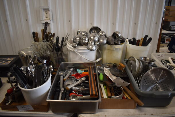 ALL ONE MONEY! Lot of 11 Bins of Various Utensils Including Ladles, Knives, Whisks and Scoopers