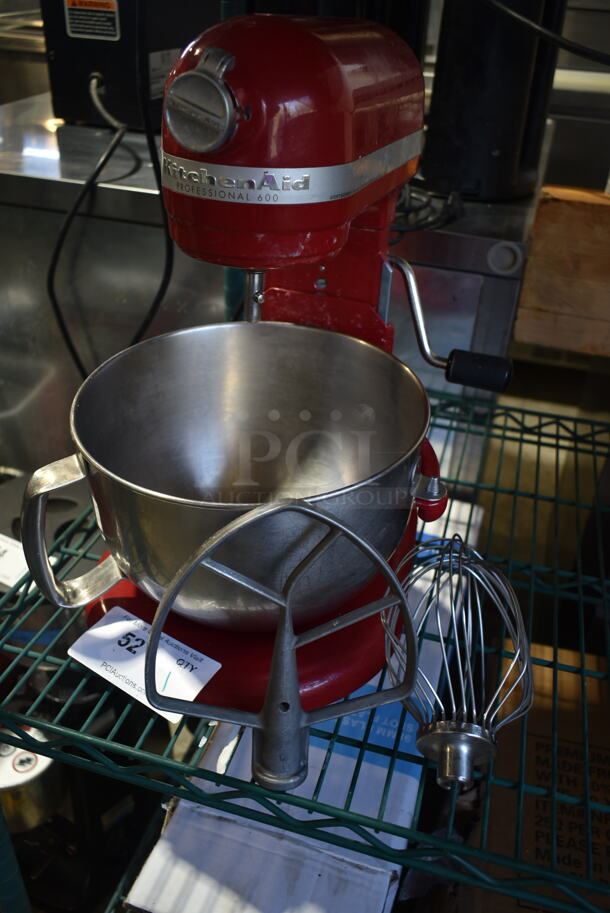 KitchenAid Professional 600 KP26M1XER Metal Countertop 6 Quart Planetary Dough Mixer w/ Metal Mixing Bowl, Paddle and Whisk Attachments. 120 Volts, 1 Phase. Tested and Working!