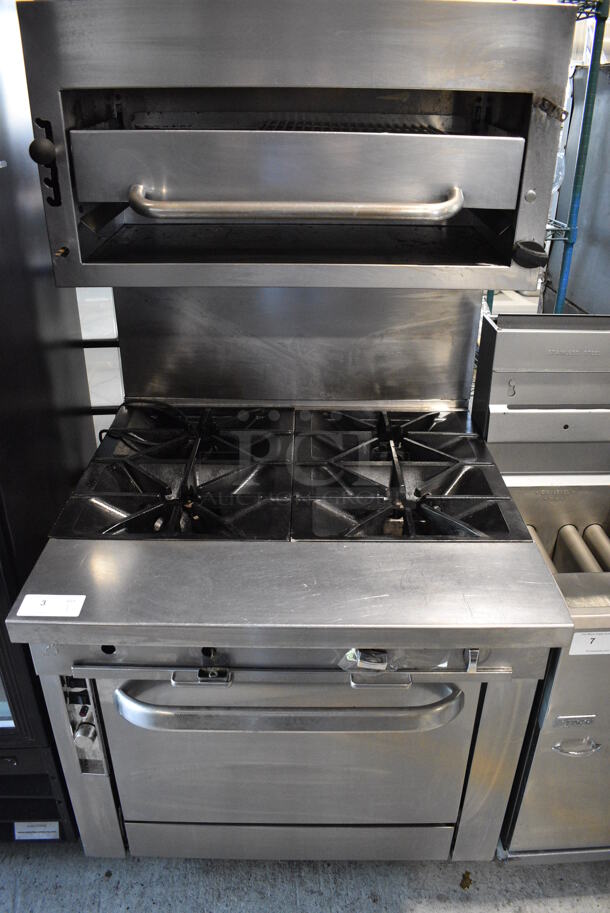 Stainless Steel Commercial Floor Style Natural Gas Powered 4 Burner Range w/ Oven, Salamander Cheese Melter and Back Splash. 36x36x74