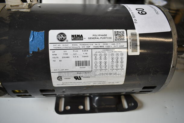 US Motors P63MZAHE-1318 Motor. 230/460 Volts, 3 Phase.  - Image 4 of 4