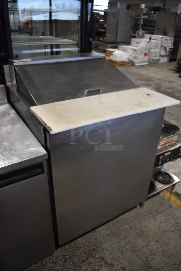 Stainless Steel Commercial Sandwich Salad Prep Table Bain Marie Mega Top w/ Various Drop In Bins and Cutting Board. 27.5x32x43. Tested and Powers On But Temps at 52 Degrees - Image 3 of 6