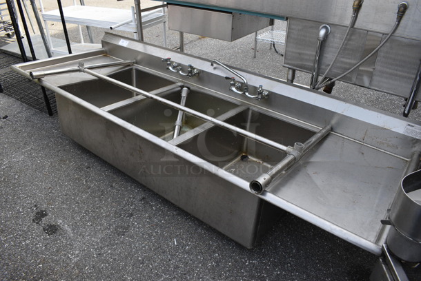 Eagle Stainless Steel Commercial 3 Bay Sink w/ Dual Drain Boards, Faucet and 2 Handle Sets. 104x34x28. Bays 20x28x13. Drain Boards 18x31x1