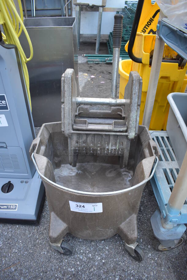 Brown Poly Mop Bucket w/ Wringing Attachment on Commercial Casters. 19x21x29 - Image 1 of 4