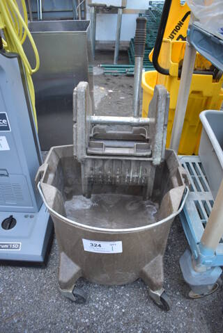 Brown Poly Mop Bucket w/ Wringing Attachment on Commercial Casters. 19x21x29