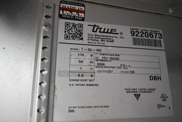 2017 True T-35-HC Stainless Steel Commercial 2 Door Reach In Cooler on Commercial Casters. 115 Volts, 1 Phase. Cannot Test - Unit Trips Breaker - Image 6 of 7
