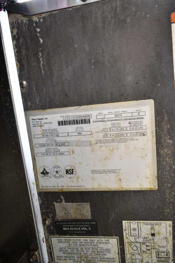 2015 Pitco Frialator SG14 Stainless Steel Commercial Floor Style Natural Gas Powered Deep Fat Fryer on Commercial Casters. 110,000 BTU.  - Image 8 of 8