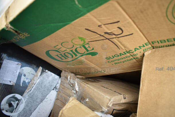 PALLET LOT of 25 BRAND NEW Boxes Including Hamilton Beach 6126-908R Blender Container, 127P400C Choice 4 oz. Clear Plastic Souffle Cup / Portion Cup - 2500/Case, Solo P200N 2 oz. Translucent Polystyrene Souffle / Portion Cup - 2500/Case, 304FND5811R Acopa Foundations 16 oz. Red Wide Rim Melamine Pasta Bowl - 12/Pack, Town 56913S 96 Cup Sushi Rice Container with Stainless Steel Finish, 128HD32COMBO Choice Heavy Duty Microwavable Plastic Deli Container, 4339BULK White Uncoated Paper Plates, 395RP10 EcoChoice No PFAS Added 10" Natural Bagasse Blend 3 Compartment Plate - 500/Case. 25 Times Your Bid!  - Image 2 of 12