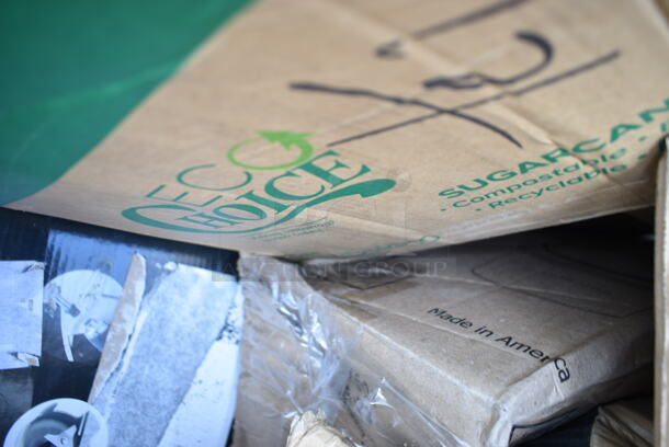 PALLET LOT of 25 BRAND NEW Boxes Including Hamilton Beach 6126-908R Blender Container, 127P400C Choice 4 oz. Clear Plastic Souffle Cup / Portion Cup - 2500/Case, Solo P200N 2 oz. Translucent Polystyrene Souffle / Portion Cup - 2500/Case, 304FND5811R Acopa Foundations 16 oz. Red Wide Rim Melamine Pasta Bowl - 12/Pack, Town 56913S 96 Cup Sushi Rice Container with Stainless Steel Finish, 128HD32COMBO Choice Heavy Duty Microwavable Plastic Deli Container, 4339BULK White Uncoated Paper Plates, 395RP10 EcoChoice No PFAS Added 10" Natural Bagasse Blend 3 Compartment Plate - 500/Case. 25 Times Your Bid!  - Image 3 of 12