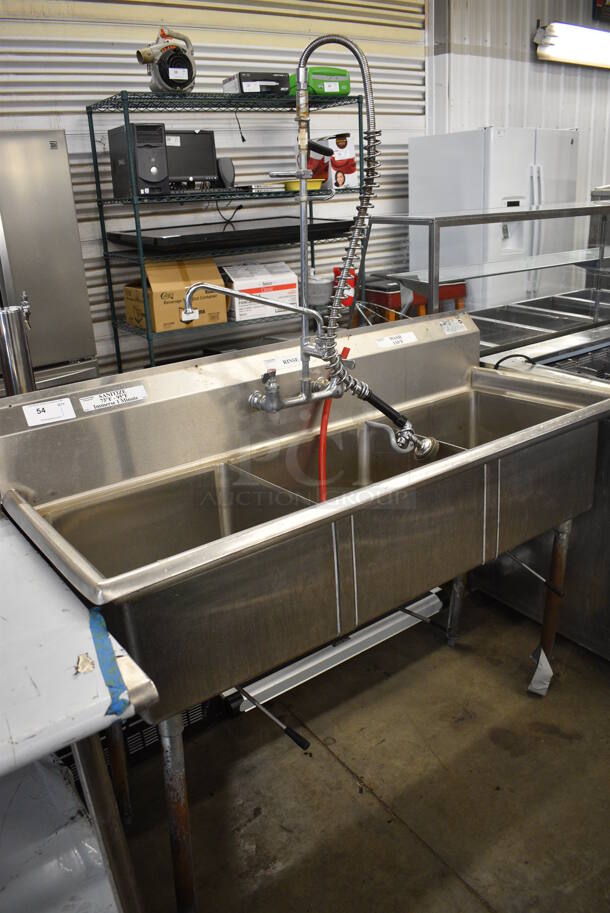 Stainless Steel Commercial 3 Bay Sink w/ Faucet, Handles and Spray Nozzle Attachment. 59x24x43. Bays 18x18x11