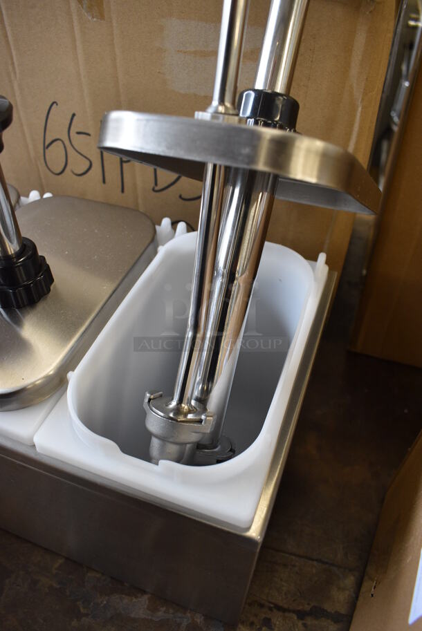 BRAND NEW! Servsense Stainless Steel Countertop Condiment Rail w/ 3 White Poly Drop Ins and 3 Pump Lids. 14.5x12x13 - Image 4 of 5