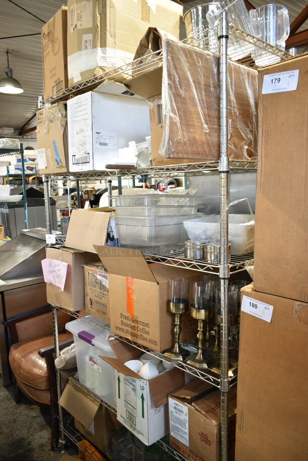 ALL ONE MONEY! Lot of 6 Tiers of Various Items Including Poly Drop In Bins, Candle Holders, Poly Pitchers and Glassware. Does Not Include Shelving Unit.   - Image 1 of 12