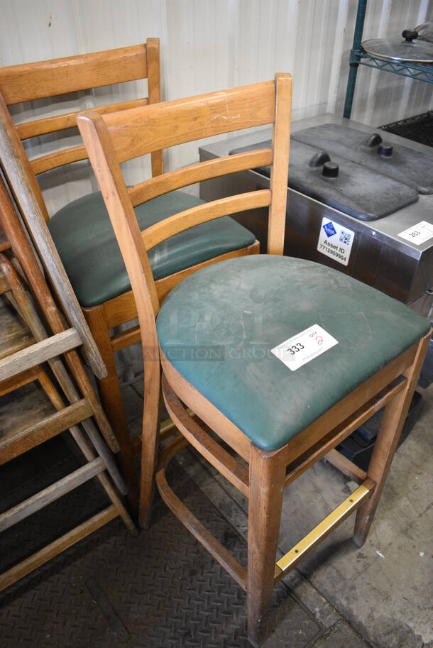 2 Wooden Bar Height Chairs w/ Green Cushion. 17x17x34. 2 Times Your Bid! - Image 2 of 3