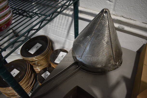 ALL ONE MONEY! Lot of 3 Various Metal Pieces; Colander, Basket and China Cap Strainer! Includes 9.5x9.5x4 - Image 2 of 3