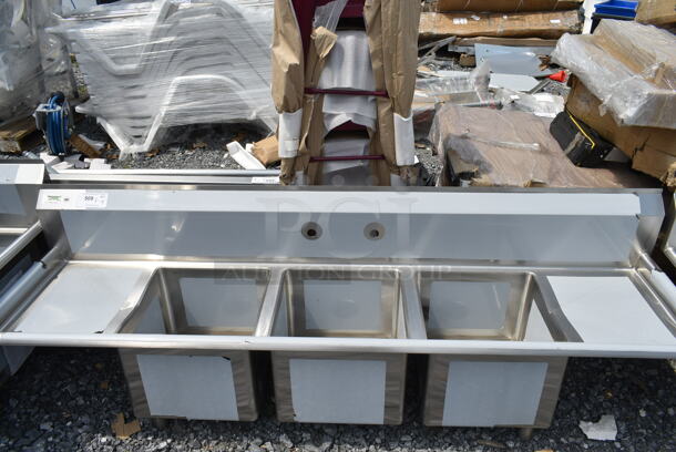 BRAND NEW SCRATCH AND DENT! Regency 600S31515215 79" 16-Gauge Stainless Steel Three Compartment Commercial Sink with Galvanized Steel Legs and 2 Drainboards - 15" x 15" x 12" Bowls. No Legs.  - Image 3 of 5