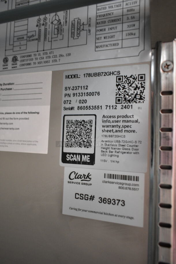 BRAND NEW SCRATCH AND DENT! 2024 Avantco 178UBB72GHCS 73" Stainless Steel Counter Height Narrow Glass Door Back Bar Refrigerator with LED Lighting. 115 Volts, 1 Phase. Tested and Powers On But Does Not Get Cold - Image 7 of 7