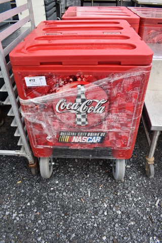 Red Poly Insulated Portable Ice Bin Cart on Casters. 27x33x37
