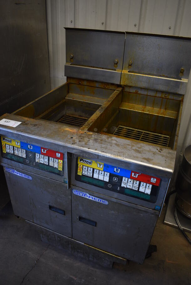 2012 Pitco Frialator Model SSH55 Solstice Supreme Stainless Steel Commercial Natural Gas Powered 2 Bay Deep Fat Fryer w/ Filtration System on Commercial Casters. 80,000 BTU. 31.5x34.5x48 - Image 3 of 8